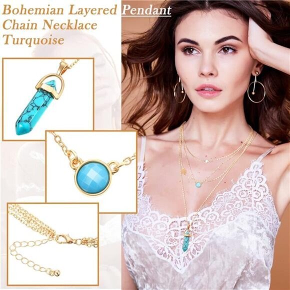 14 Pcs Western Jewelry for Women Boho Turquoise Necklace Rings Jewelry - Picture 4 of 8